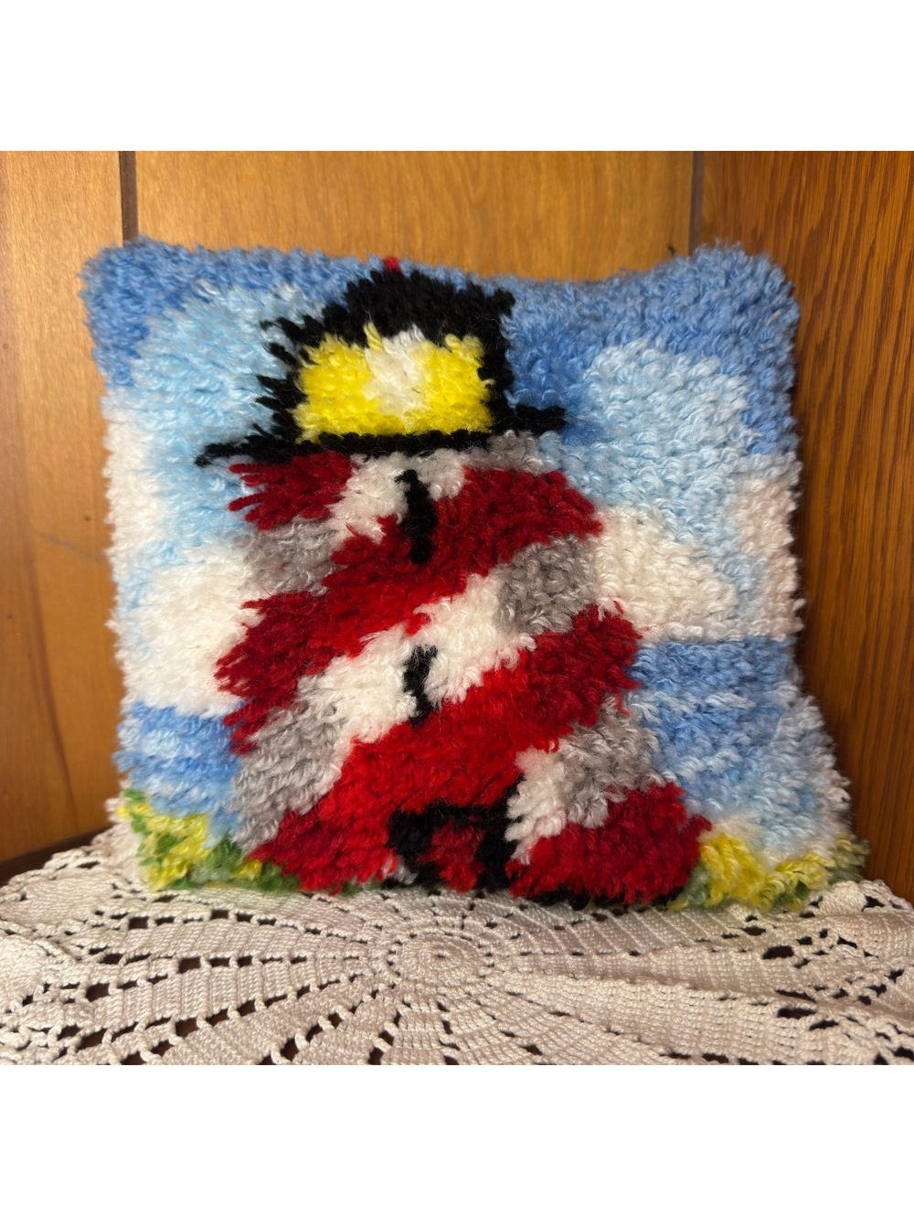 Vintage Latch Hook Lighthouse Throw Pillow Red White Blue 11 x 11